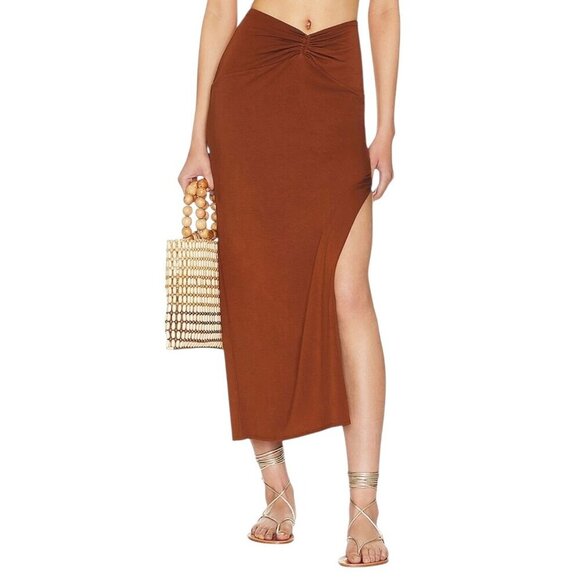 L* Space Revolve Size L Skirt “It's A Date” Brown Midi Side Slit Stretchy NWT - Picture 1 of 14